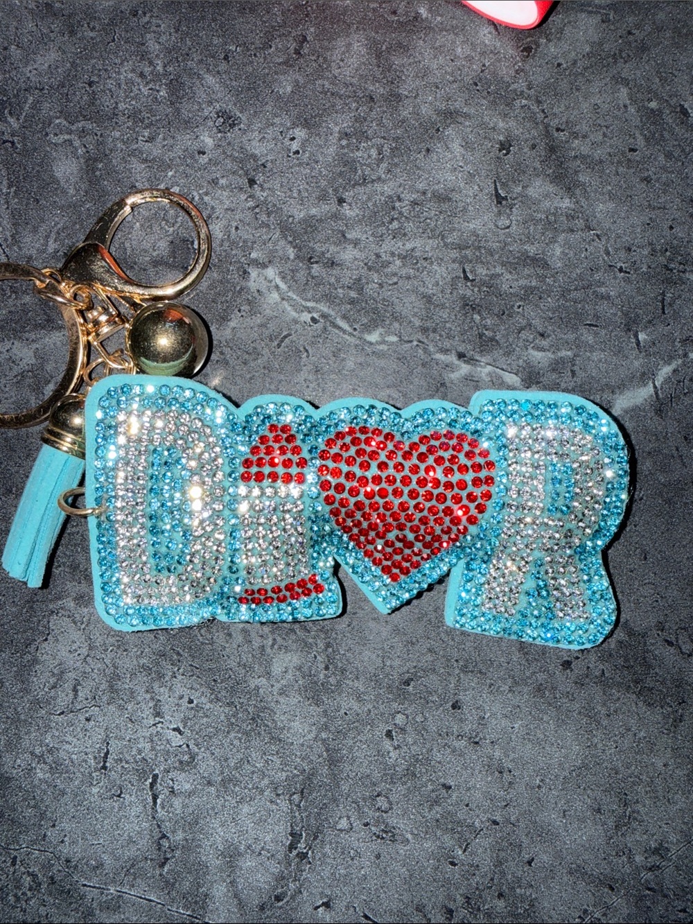 Sparkling Turquoise Rhinestone Keychain with Red Heart